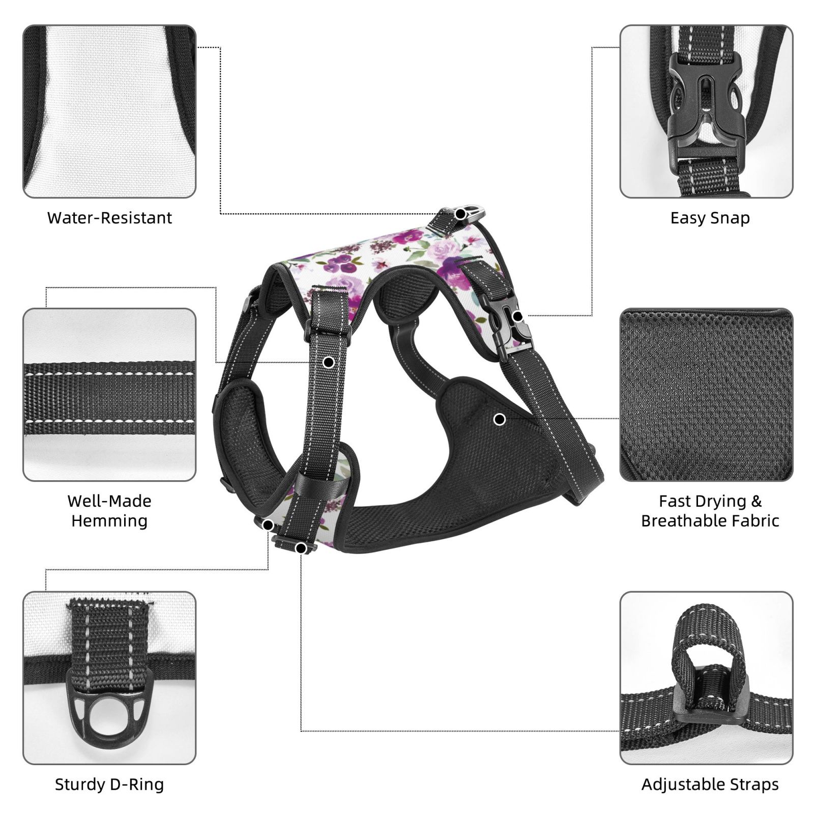 Kdxio Violets Flowers Print No Pull Dog Harness Adjustable Reflective Oxford Easy Control Medium Large Dog Harness for Training and Everyday-Small