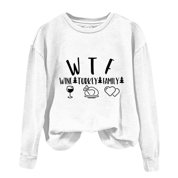 WREESH Teen Girl's Casual Tops WTF Thanksgiving Crewneck Sweatshirts with Letter Graphic, Fall Tops for Women 2025 White