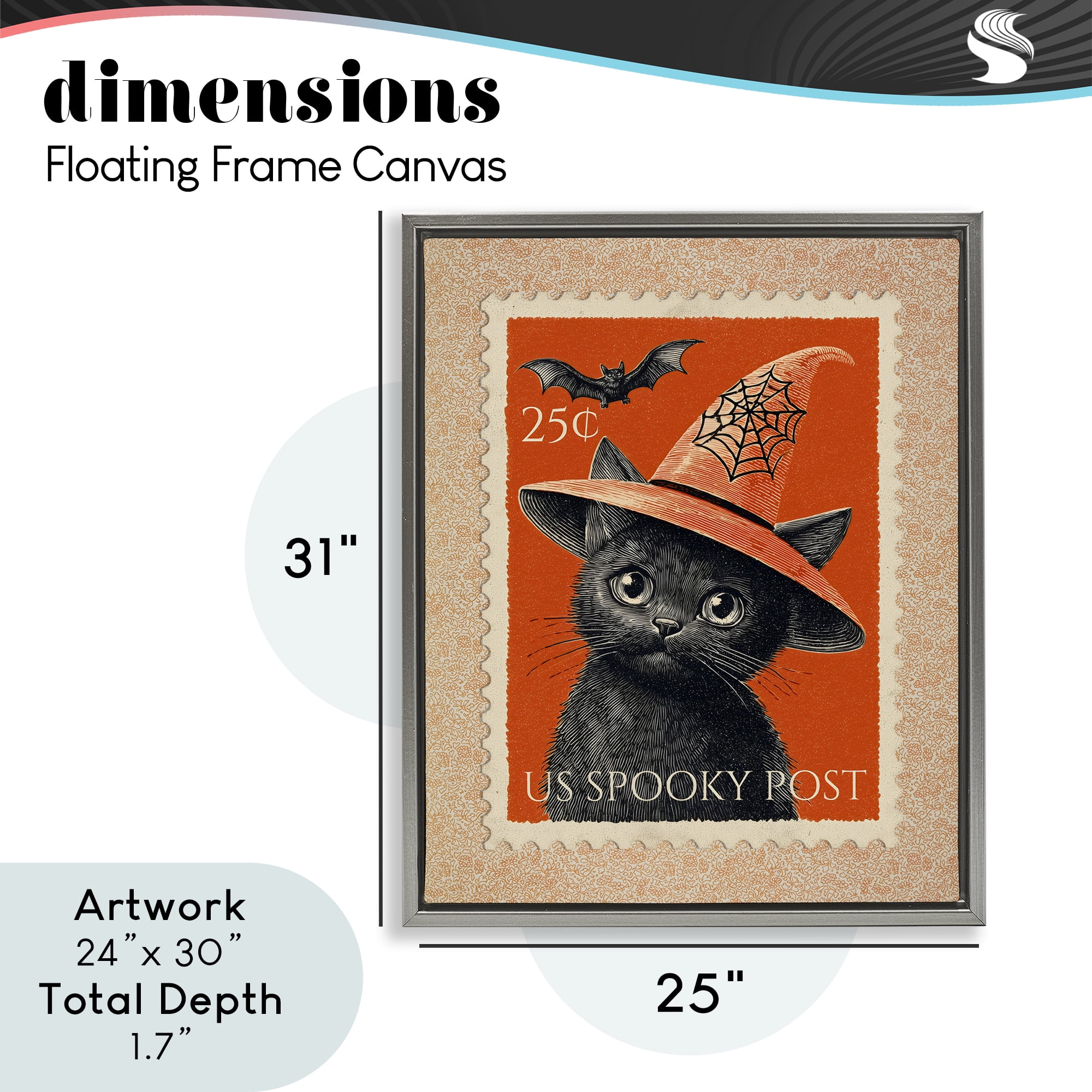 Vintage Black Cat Stamp Gray Framed Floater Canvas Wall Art, design by Arlington Prints