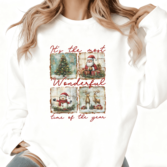 Four palace grid Graphic Tee T-Shirt Most Wonderful Time Christmas Print Top Round-neck long-sleeved white S-3XL