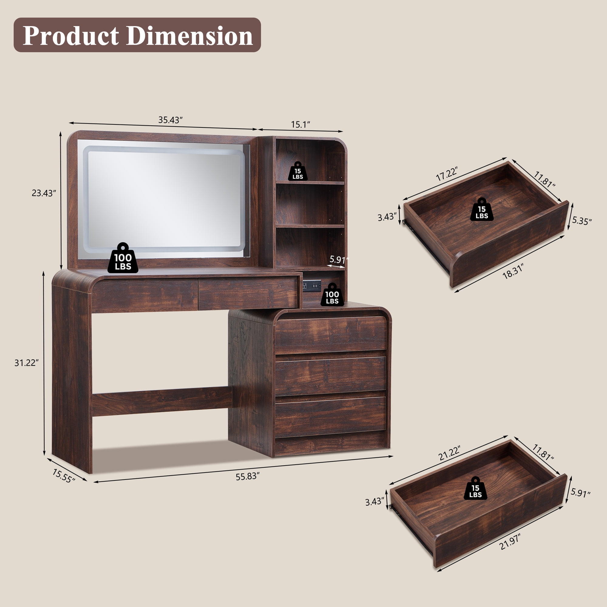wow97e Modern Vanity Desk with Touch Screen LED Mirror, 55" Big Make Up Table with 5 Drawers , Wood Dressing Tablew/3 Color Available, Charging Station