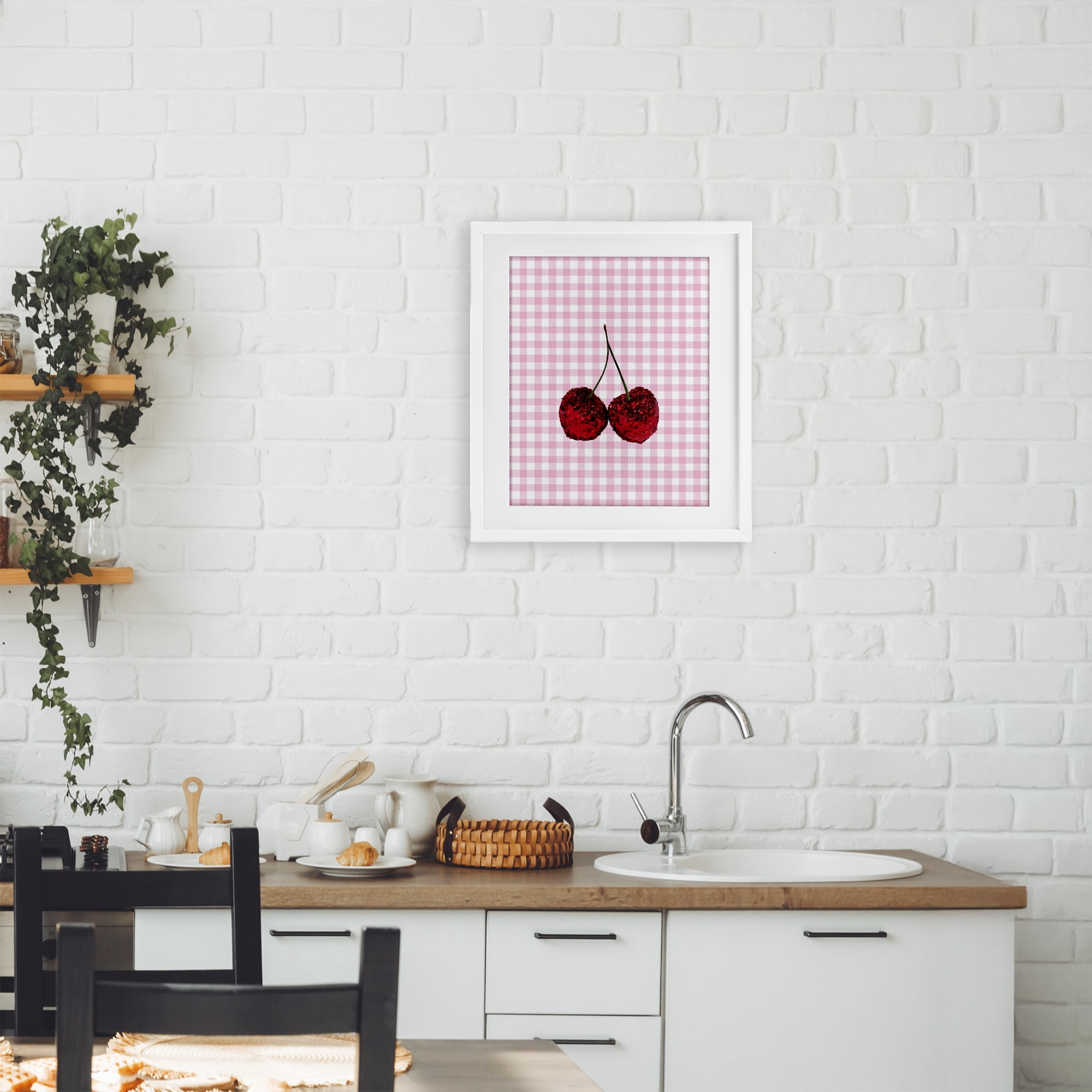Stupell Industries Glitter Cherry on Pink Gingham White Framed Print Under Glass, design by LISH Creative