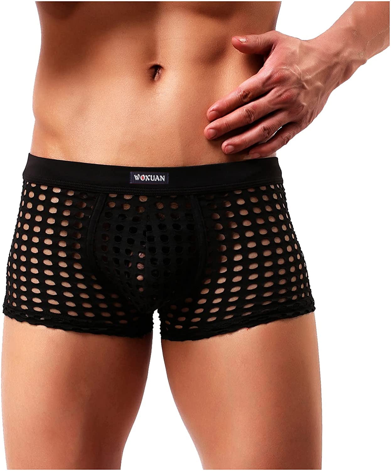 MIZOK Men's Breathable Mesh Underwear Sexy Boxer Briefs Trunks Black XL