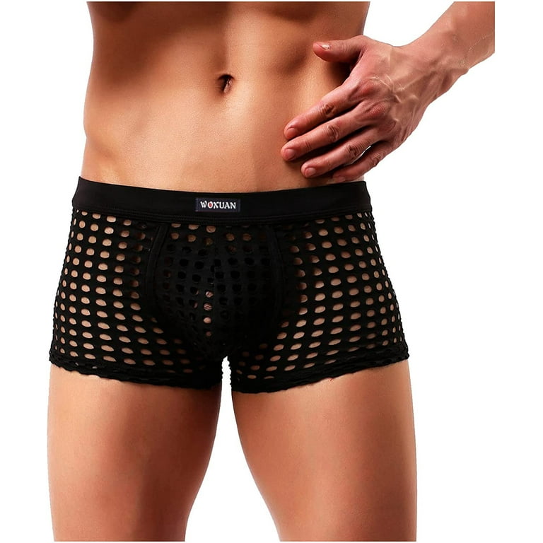 MIZOK Men's Breathable Mesh Underwear Sexy Boxer Briefs Trunks Black M-2Pc