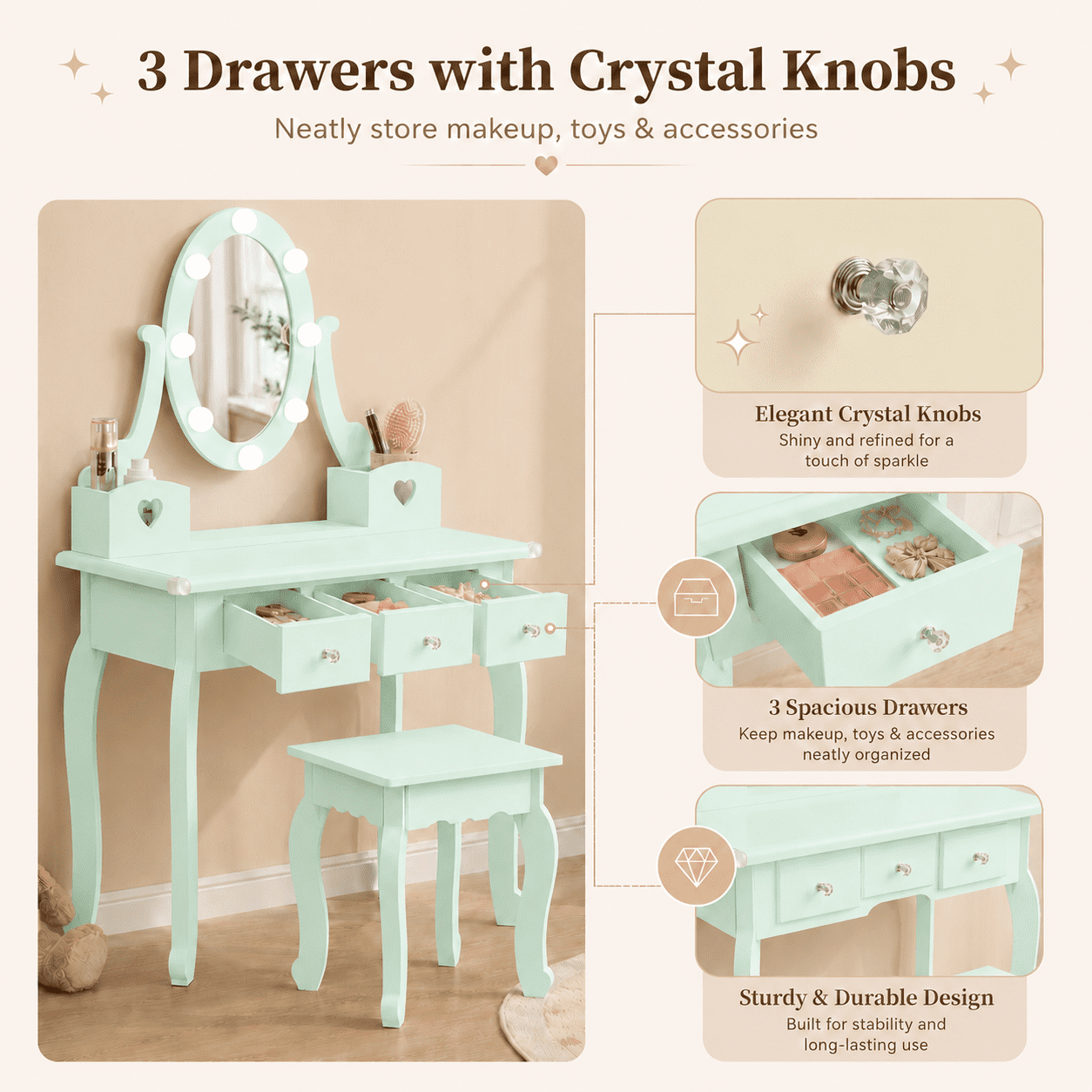 Ktaxon Kids Play Makeup Vanity Set with 3-Color Light, Girls Vanity Dresser Desk with Matching Stool, Light Green