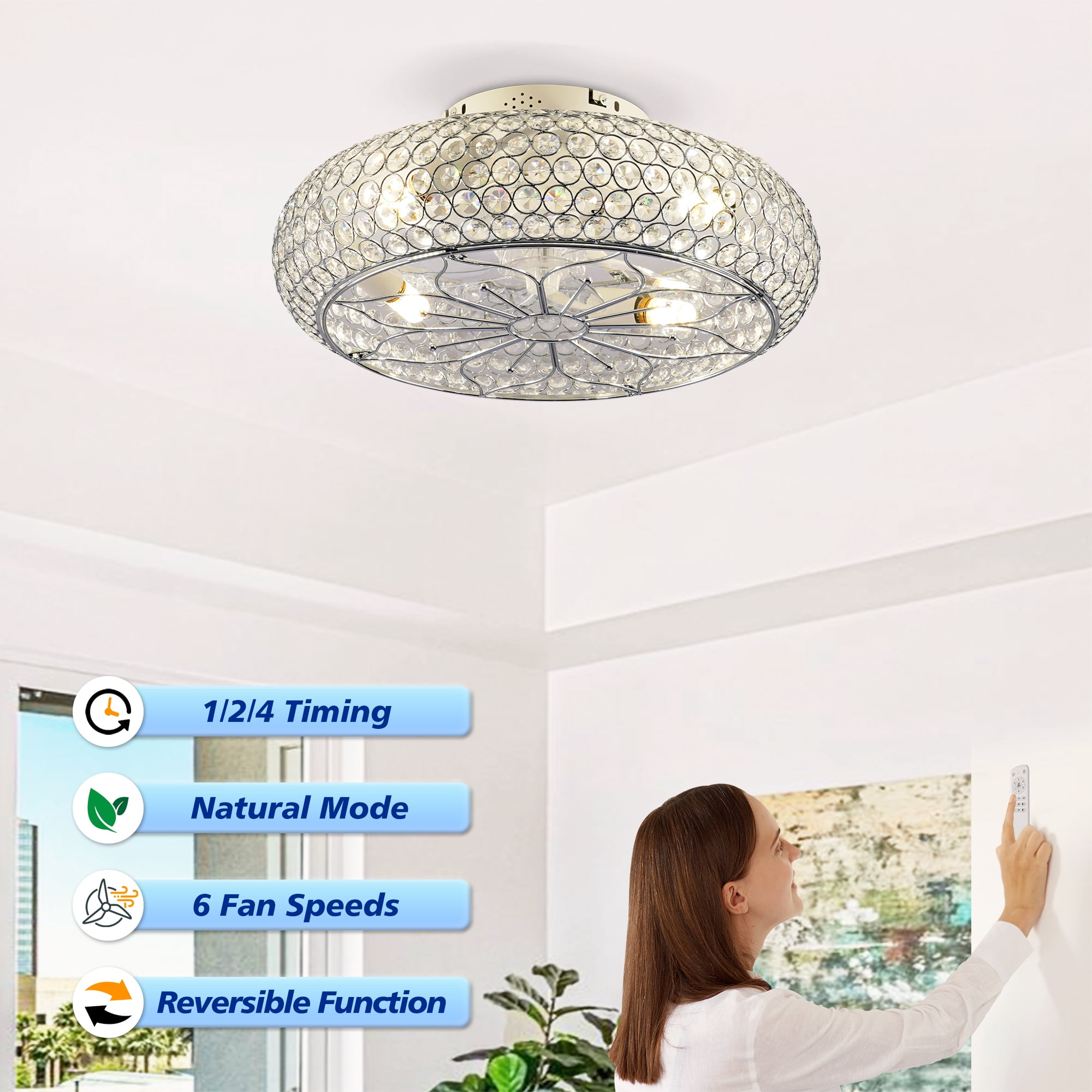 Leumius 20" Crystal Ceiling Fans with Light and Remote Control, Chandelier Fan 6 Speed DC Motor Reversible Ceiling Fan for Living Room Bedroom (NOT Included Bulbs)