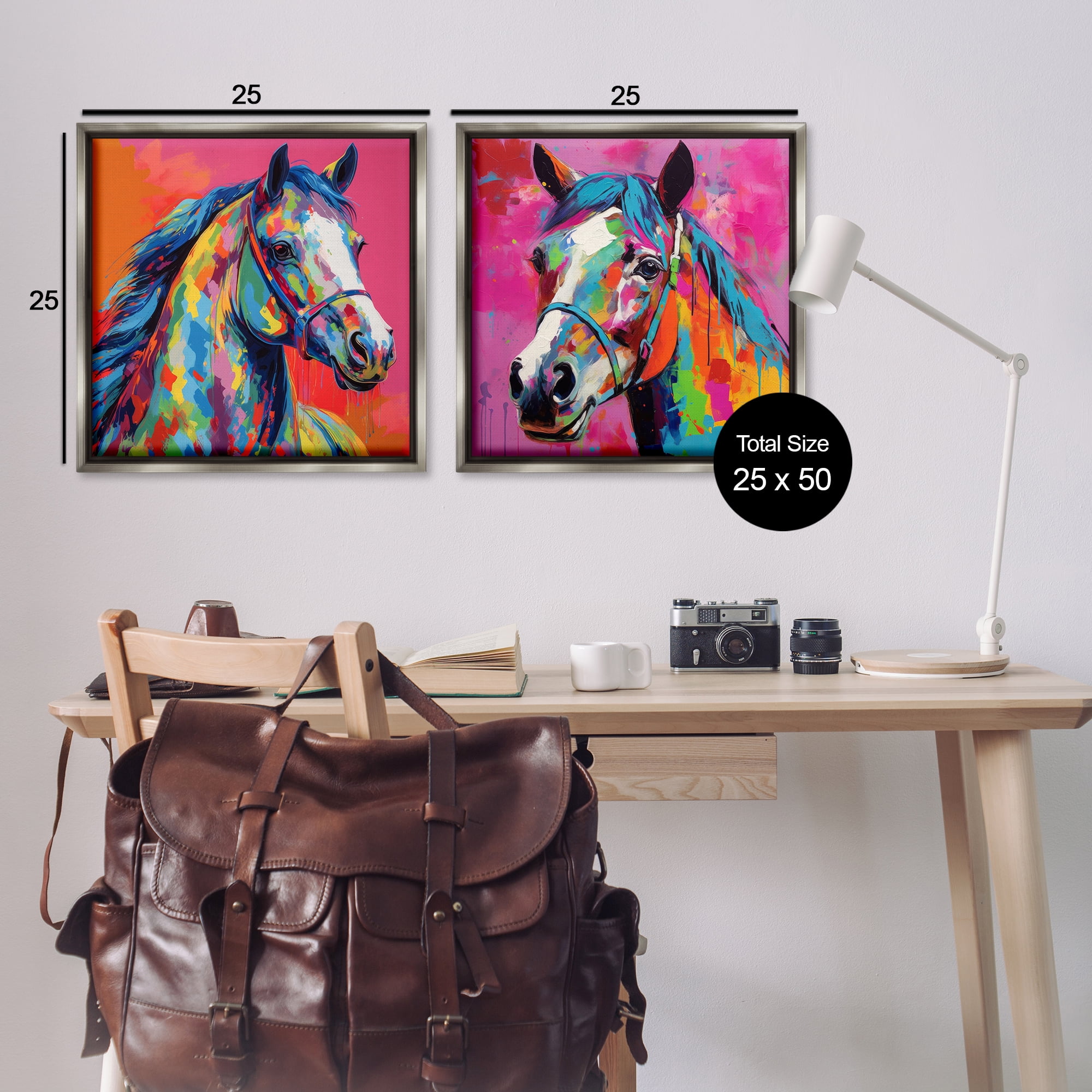 Stupell Industries Bright Neon Horse Portrait Animals Painting Gray Floater Framed Canvas Art Print Wall Art, 25 x 25, Set of 2