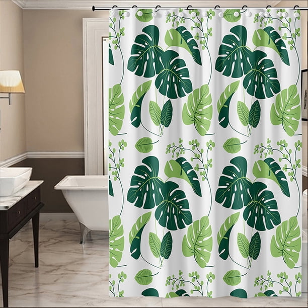 Cortina de ducha de PEVA impermeable y resistente al moho, 180 x 180 cm, con 12 anillas, diseño de hojas verdes