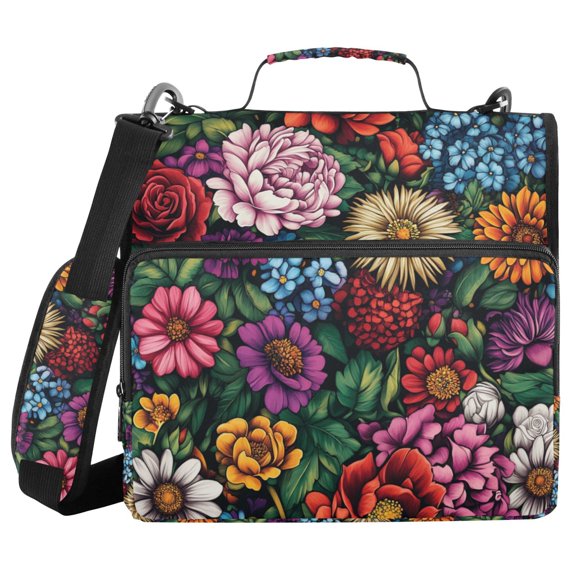 FORMRS Zipper Binder with Shoulder Strap 2-inch Ring 500 Sheet Capacity File Bag, Vibrant Flowers Pattern