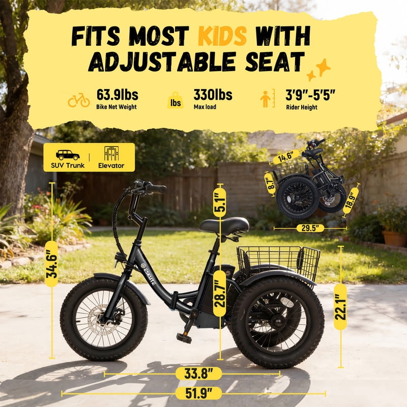 ESKUTE T300mini Electric Tricycle for Beginners, 16" x 3.0 Fat Tire Folding 3-Wheel E-Bike, 500W Peak Motor, 302Wh Battery, Step-Thru, 12.5 MPH, Black with Lock，Phonebag and mirror, UL2849