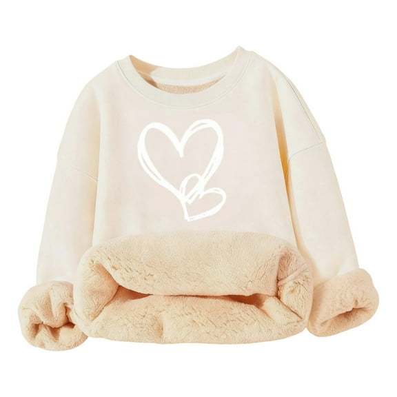 Kiijoy Girls Sherpa Sweatshirt Hearts Print Cozy Thermal Crew Neck Pullover Top