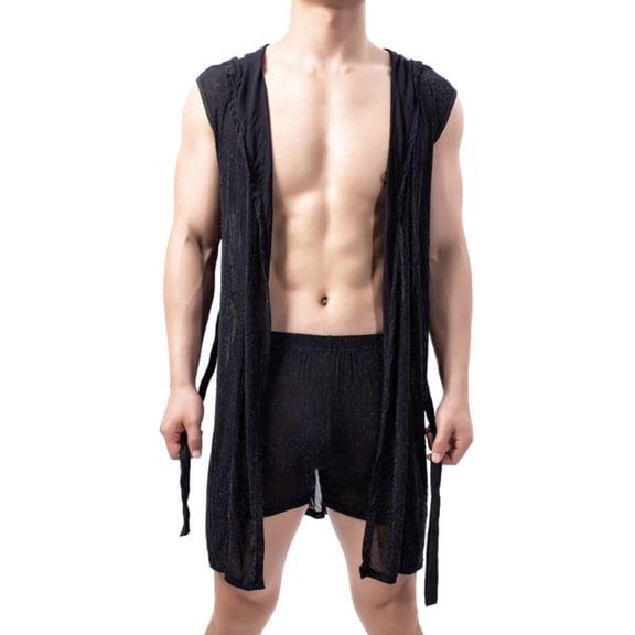 Tnhcen Men's Sheer Hooded Tie - Front Long Sleeveless Robe, 100% Polyester Glitter Mesh Sleepwear, Sexy Loungewear & Beach Cover Up for Men S - XL
