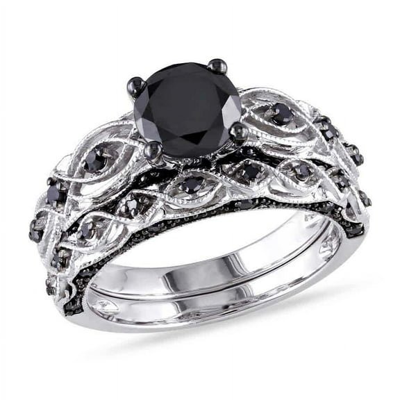 AMOUR 1 3/8 CT TW Black Diamond Bridal Set In 10K White Gold with Black Rhodium