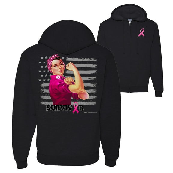 Wild Bobby Breast Cancer Awareness Breast Cancer Survivor Distressed American Flag Front and Back Graphic Zip Up Hoodie Sweatshirt, Black, Small