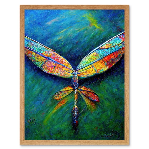 Dragonfly Wings Colourful Oil Modern Art Print Framed Poster Wall Decor 12x16 inch