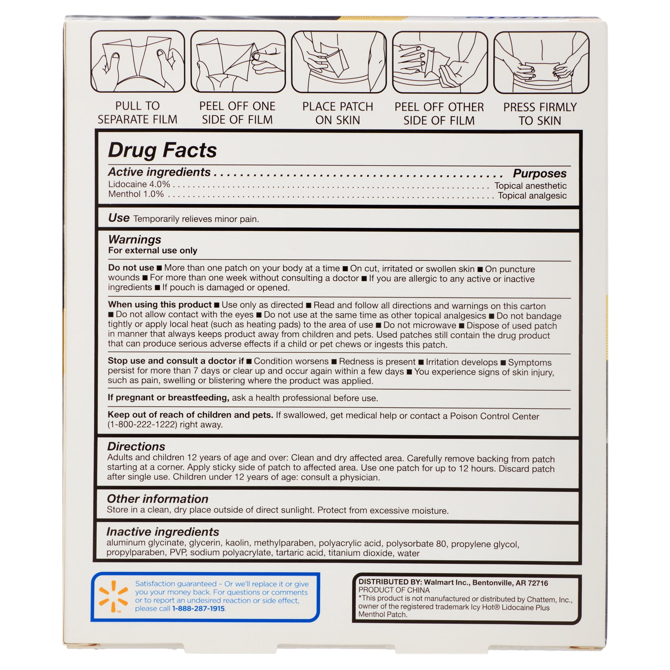 Equate Lidocaine + Menthol Pain Relief Patch 4% Lidocaine 1% Menthol, 5 Count, Compare To Icy Hot® Lidocaine Plus Menthol Patch Active Ingredients
