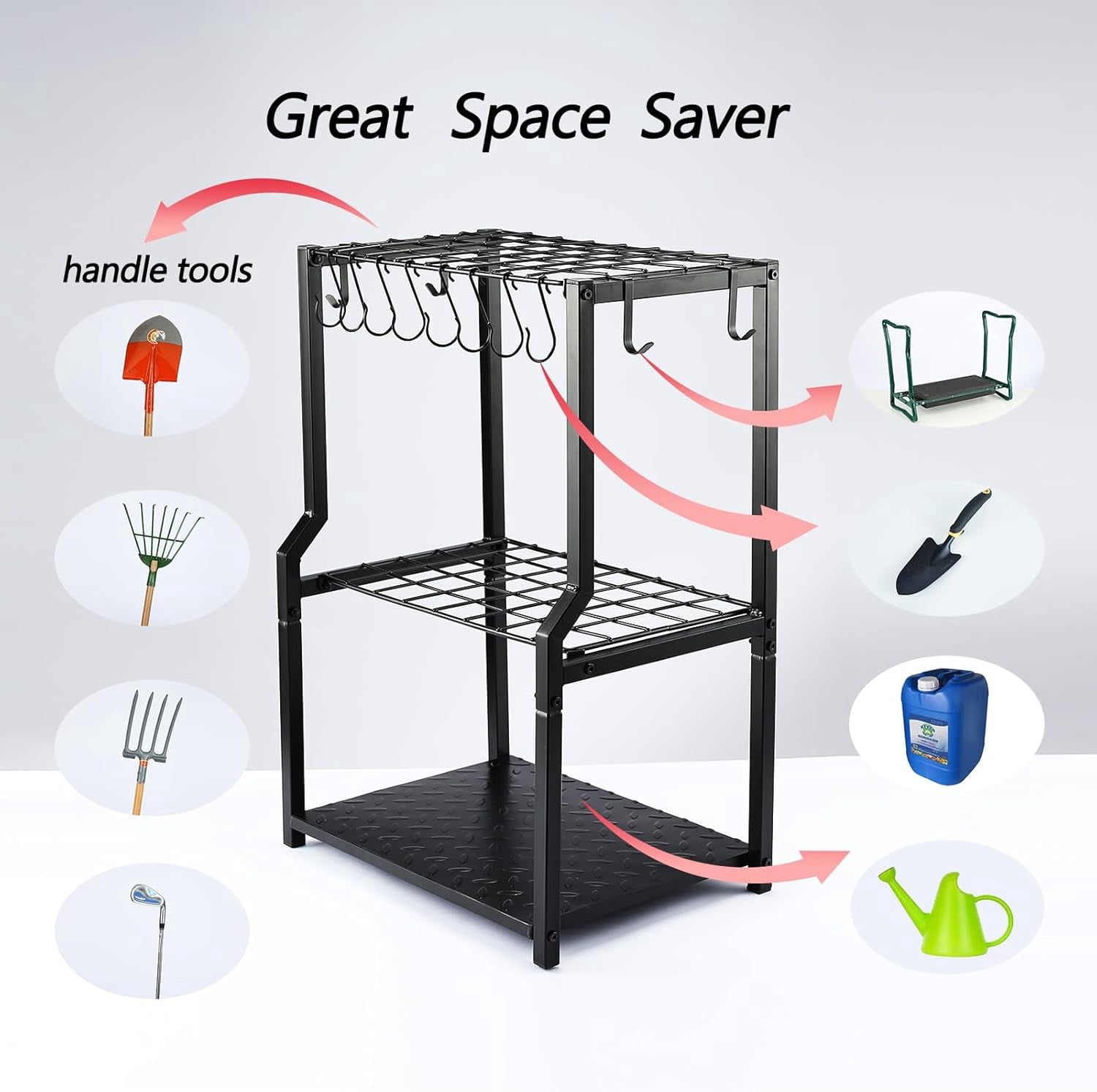 Heavy Duty Yard Tool Tower Rack, Free Standing Garage Storage for Rakes, Brooms, Shovels, Extra Hooks