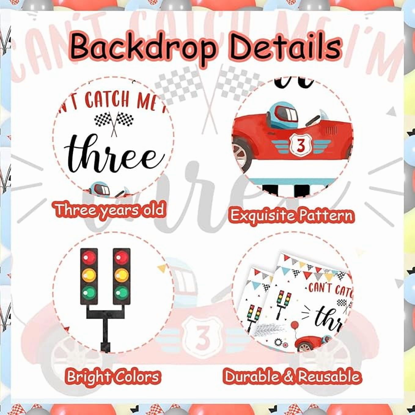 Retro Racing Car 3rd Birthday Party Decorations, Can't Catch Me I'm Three Backdrop, Vintage Race Car Balloon Arch Kit for Boys Girls Racing Themed 3 Years Old Birthday Supplies