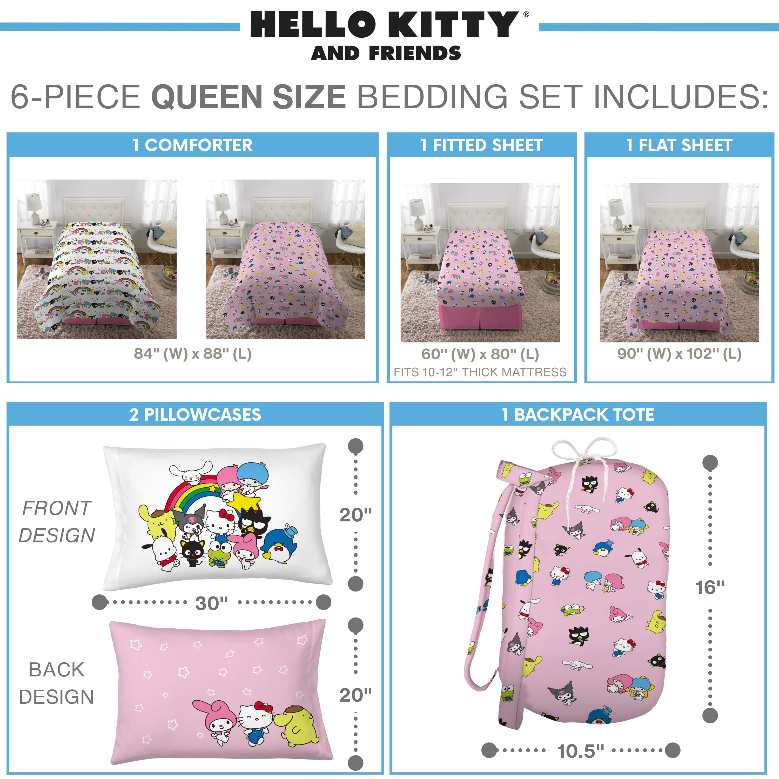 Hello Kitty and Friends Kids 6 Piece Reversible Comforter, Bed in a Bag, Queen
