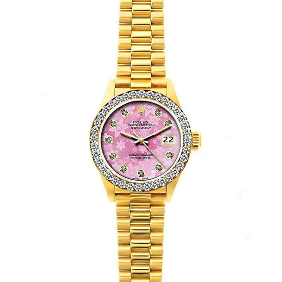 Pre-Owned Rolex Datejust 26 mm 18 K Yellow Gold Bracelet Pink Flower Dial Diamond Bezel Ladies Watch