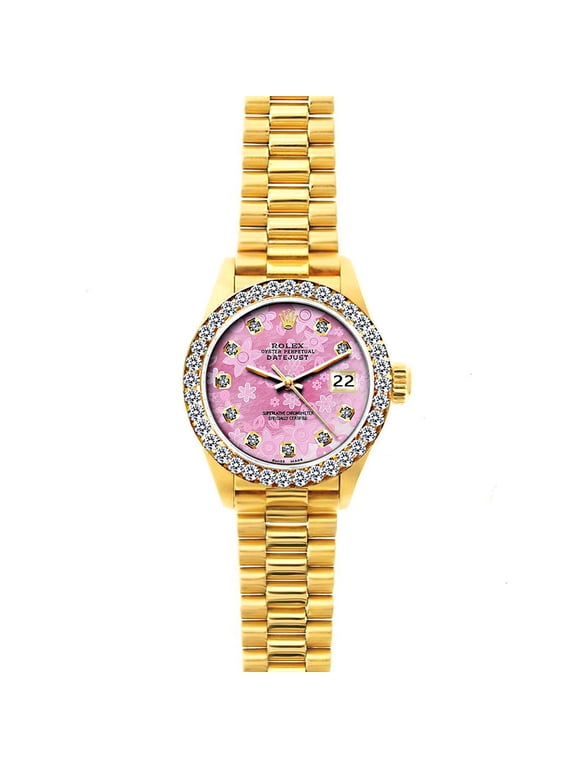 Pre-Owned Rolex Datejust 26 mm 18 K Yellow Gold Bracelet Pink Flower Dial Diamond Bezel Ladies Watch