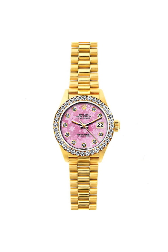 Pre-Owned Rolex Datejust 26 mm 18 K Yellow Gold Bracelet Pink Flower Dial Diamond Bezel Ladies Watch
