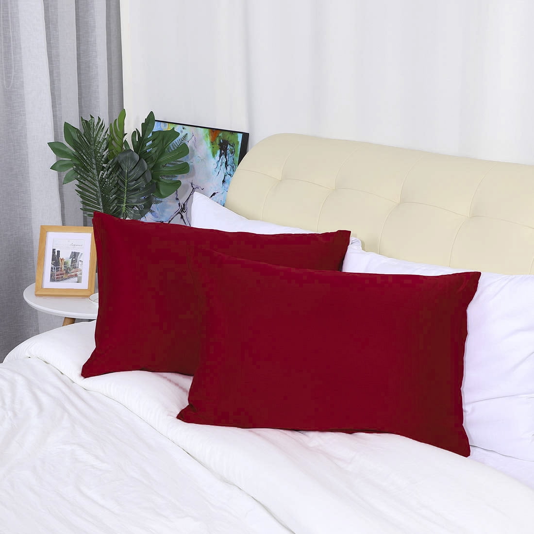 Unique Bargains Pillow Covers Silky Satin Zipper Pillowcases Set of 2 Wine Red 21" x 27"
