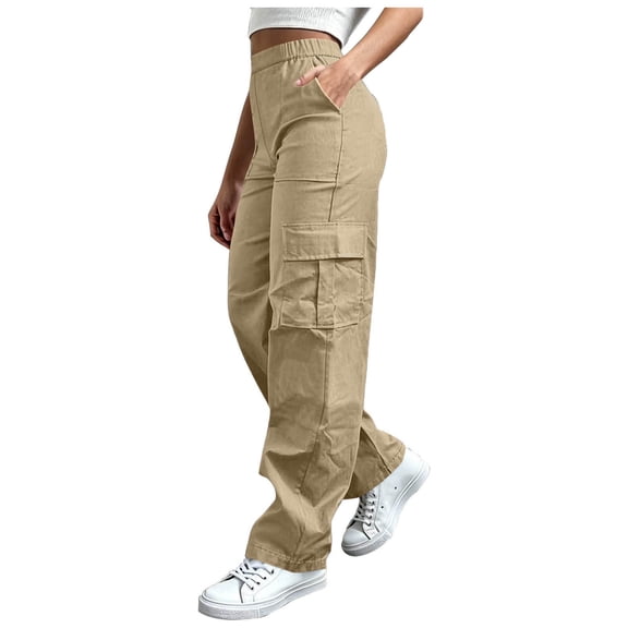 QIYAGBSA Cargo Pants for Women Elastic Waist Outdoor Pants with Pockets Soft Stretch Casual Fall (Khaki, S)
