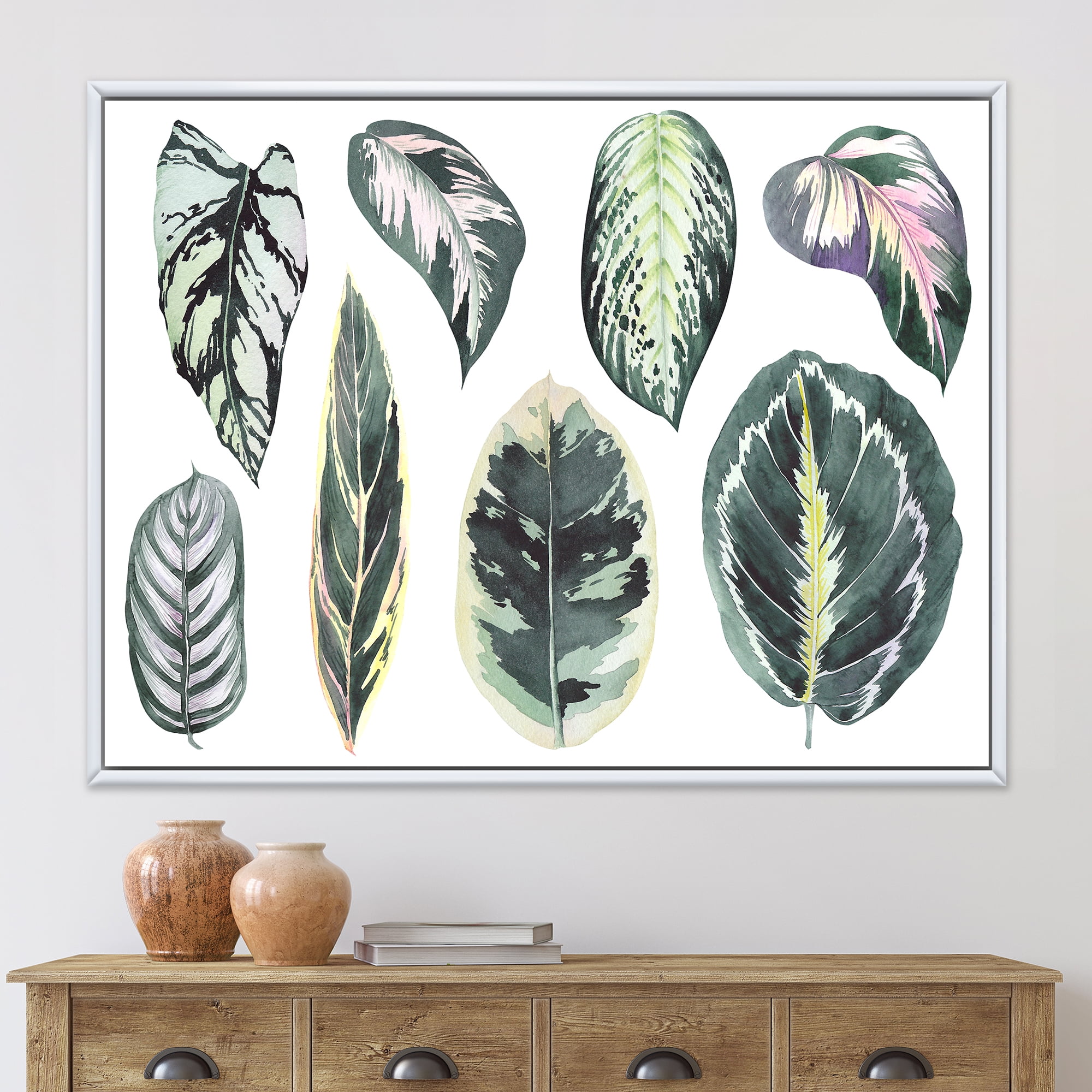 Designart 'Tropical Calathea Leaves On White' Bohemian & Eclectic Framed Canvas Wall Art Print