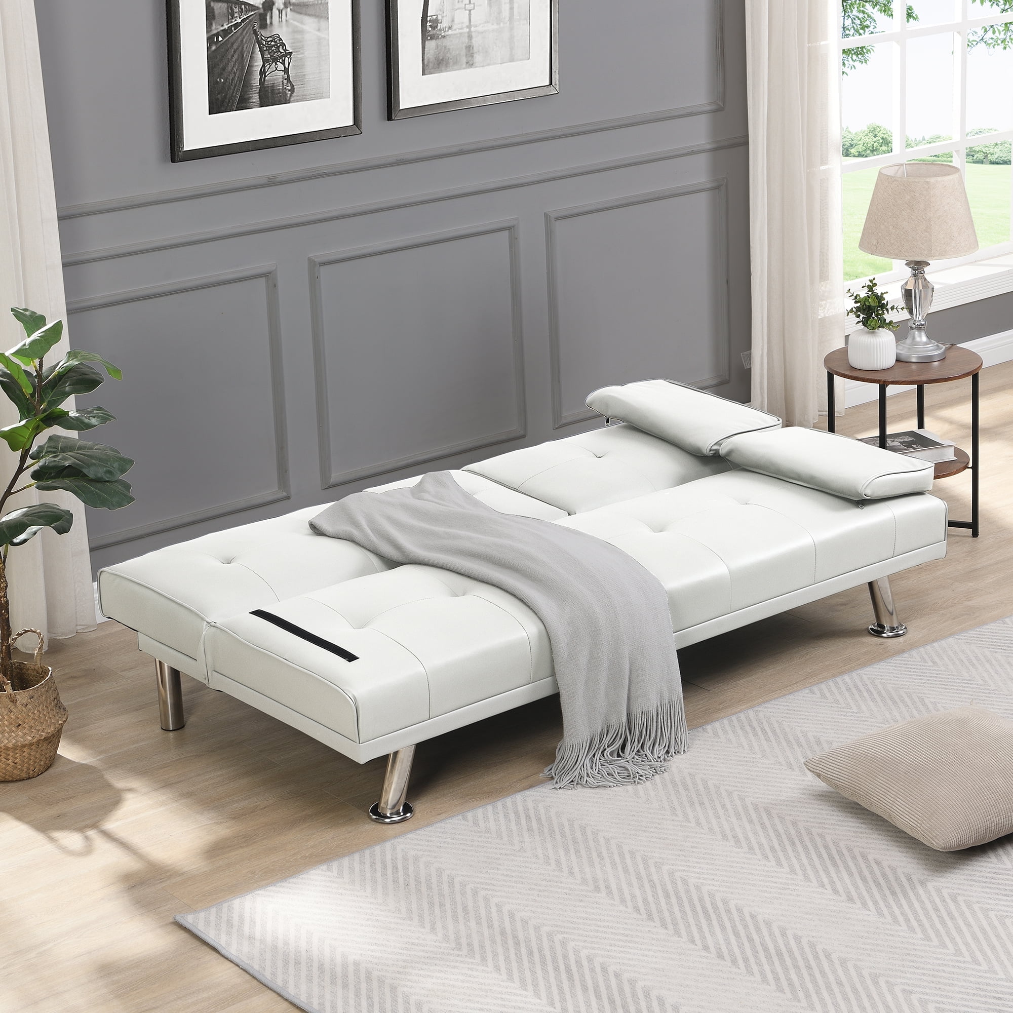 Leather Futon Sofa Bed Convertible Folding Couch Modern Faux Leather with Cupholders and Pillows