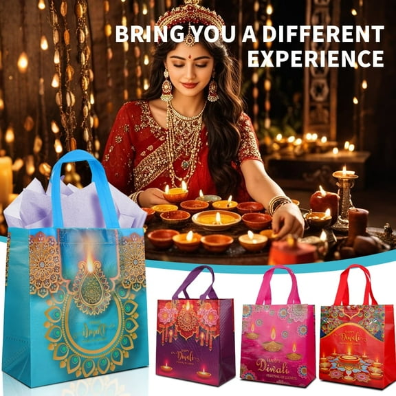 Diwali Non-Woven Gift Tote Bags Reusable Decorative with Diya & Mandala Patterns, Colorful Festival Party Favor Packaging Bags 4 Styles
