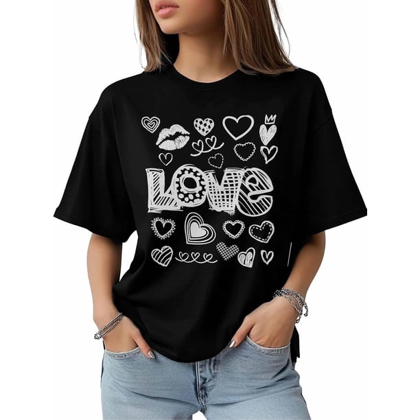 Camiseta de mujer, camisetas de manga corta, camisetas casuales, camisetas de cuello redondo con dibujo de amor para el Día de San Valentín para mujer