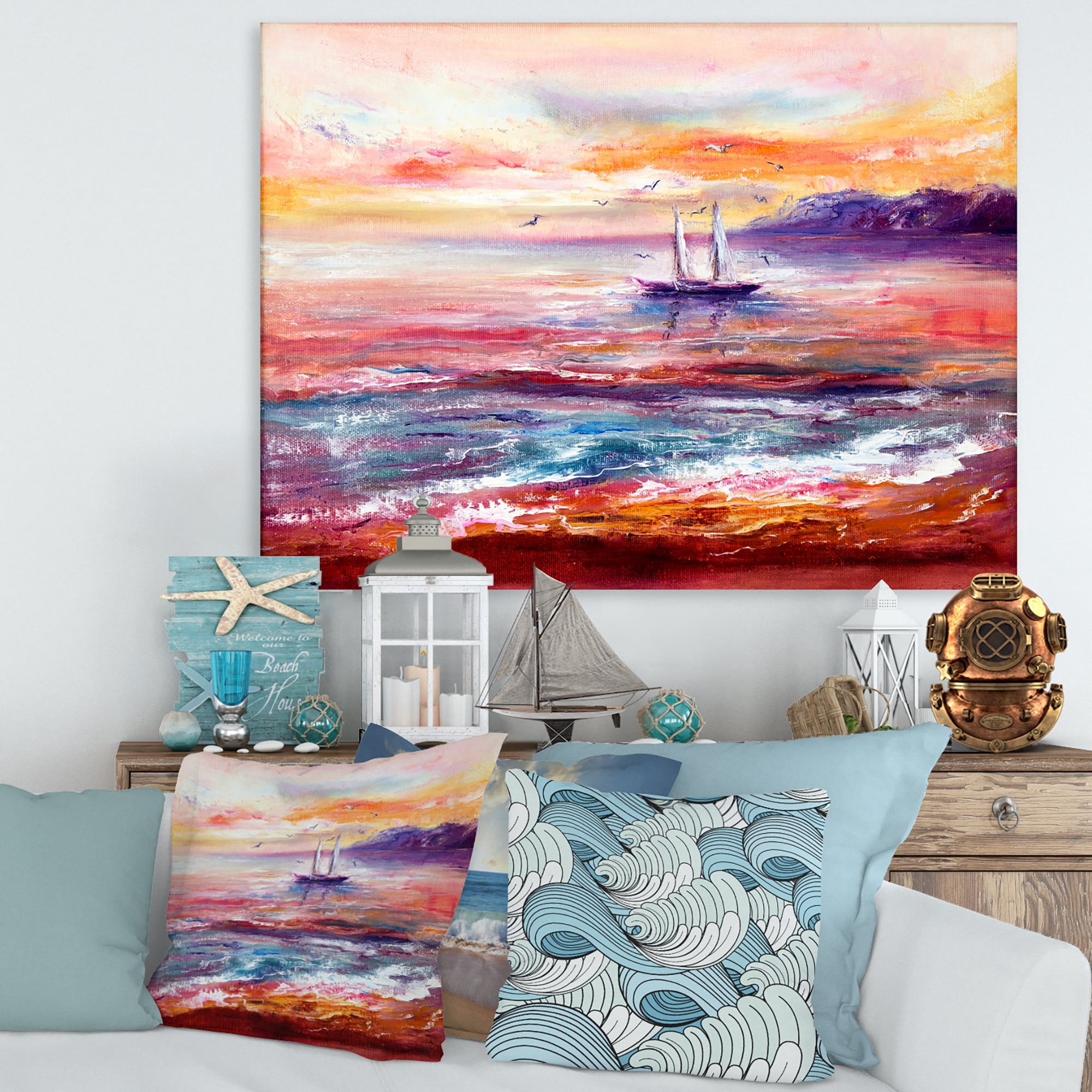 Designart ' Boat On The Ocean During VIbrant Sunset Glow ' Nautical & Coastal Canvas Wall Art Print