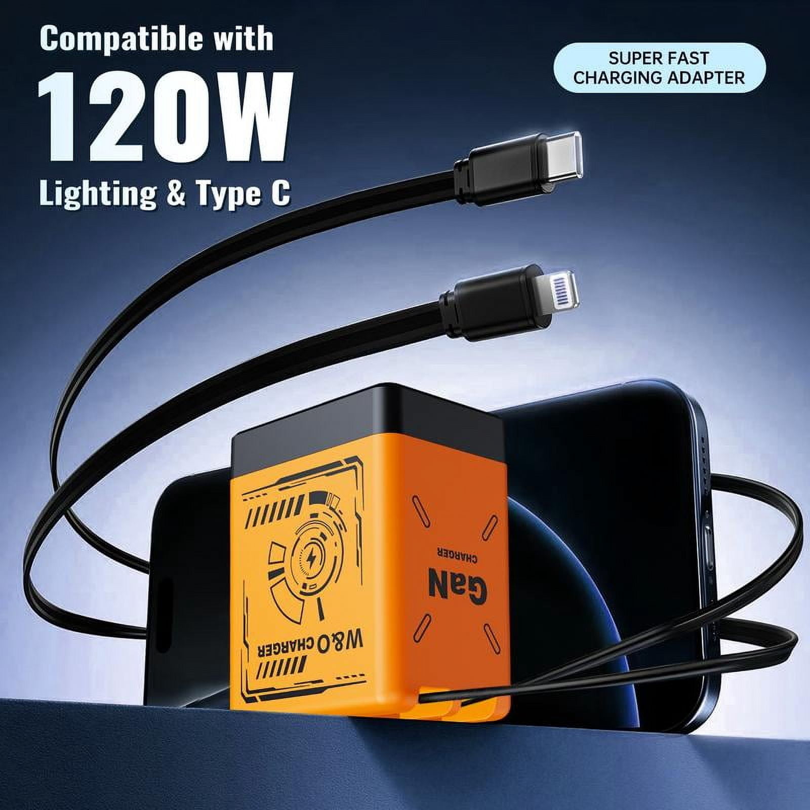 W&O 2-in-1 GaN  Compatible with 120W Fast Charger with Retractable Type-C and ligtning Cable | Portable Adapter for iPhone 16, iPad, MacBook,  Multi-Device Fast Charging, Folding Charing