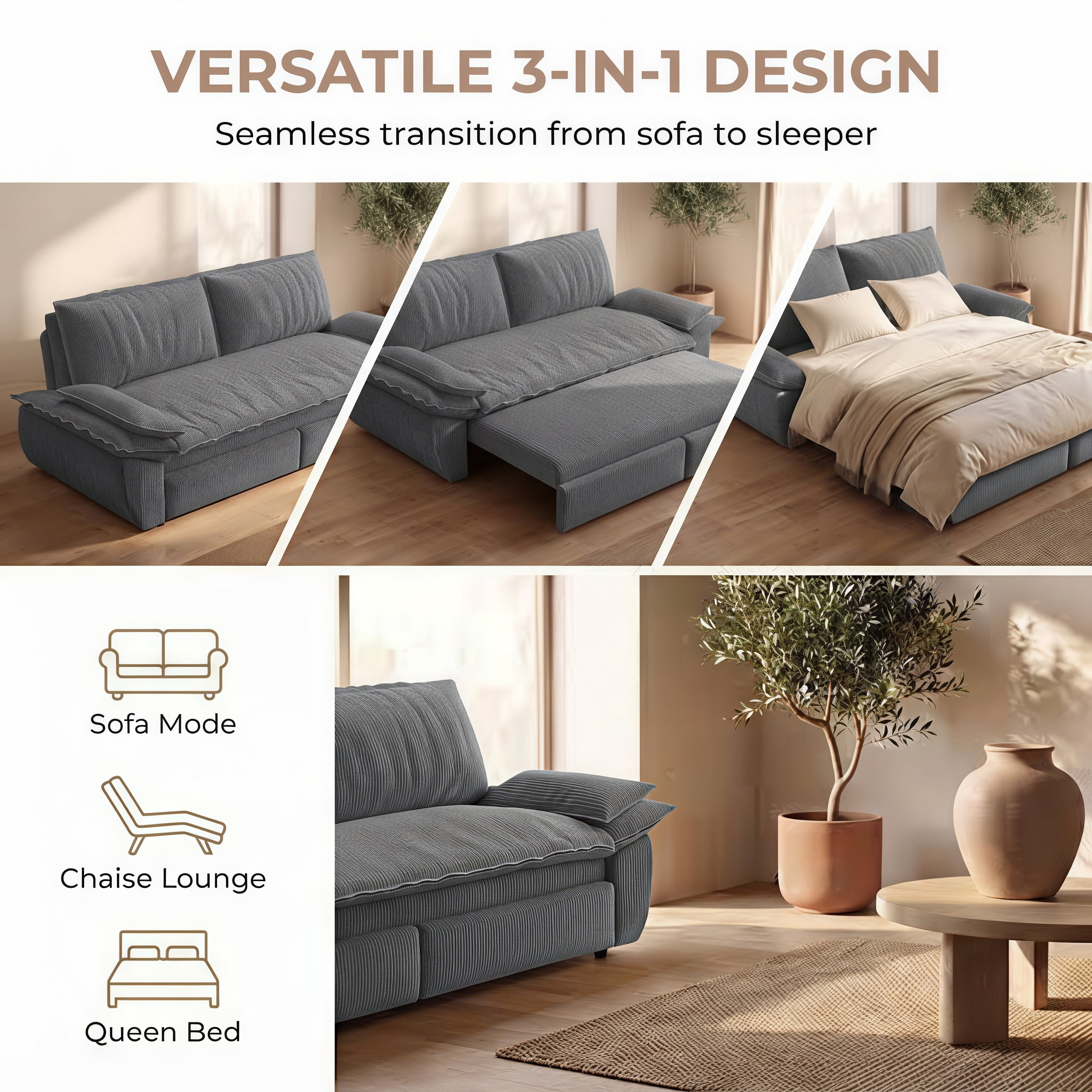 3-in-1 Queen Convertible Sleeper Sofa Bed, 73.2" Corduroy Pull Out Couch with Extra Deep Seat & Pillow Top Armrests, Modern Folding Futon Lounge, Dark Grey