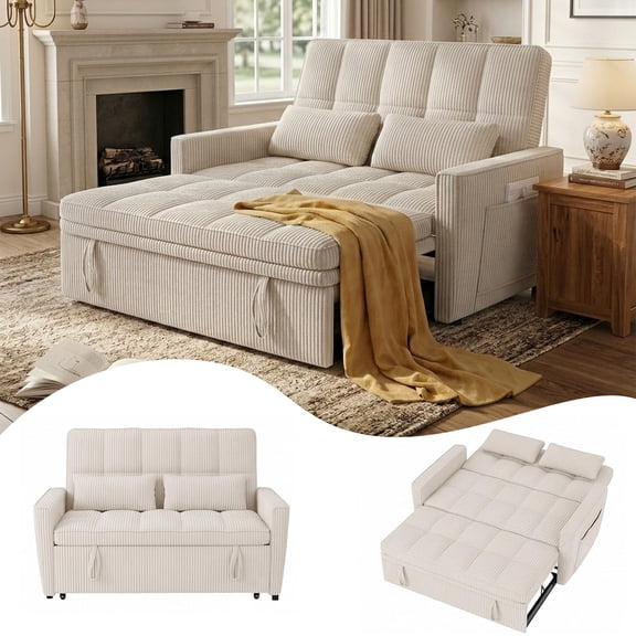 WAKEFIT 54" Pull-Out Sleeper Sofa Bed,3-in-1 Convertible Loveseat Couch with Adjustable Backrest for Small Living Room,Corduroy,Beige