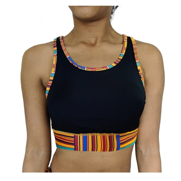 Washoge Alfina Black with Kente African Print Sports Bra for Women -Padded Seamless High Impact Support for Yoga Gym Workout Fitness (XS-2X)