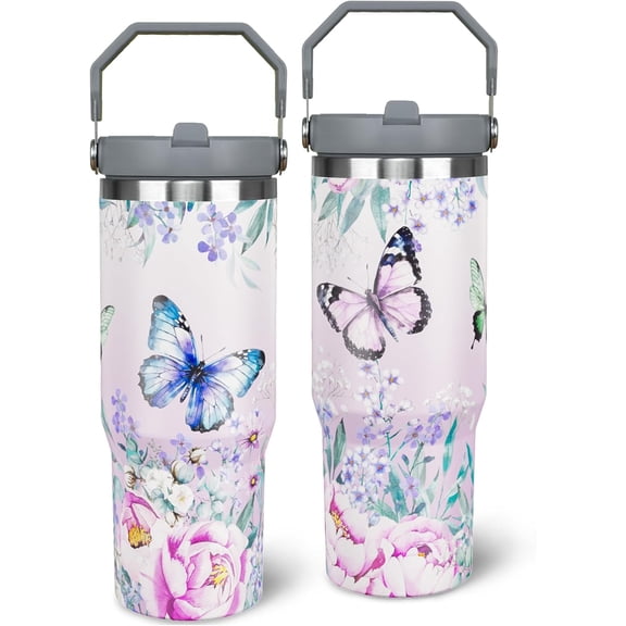 Butterfly Design Stainless Steel Tumbler 30oz with Lid, Straw & Handle - Vacuum Insulated Travel Mug, Water Bottle, Gift for Women
