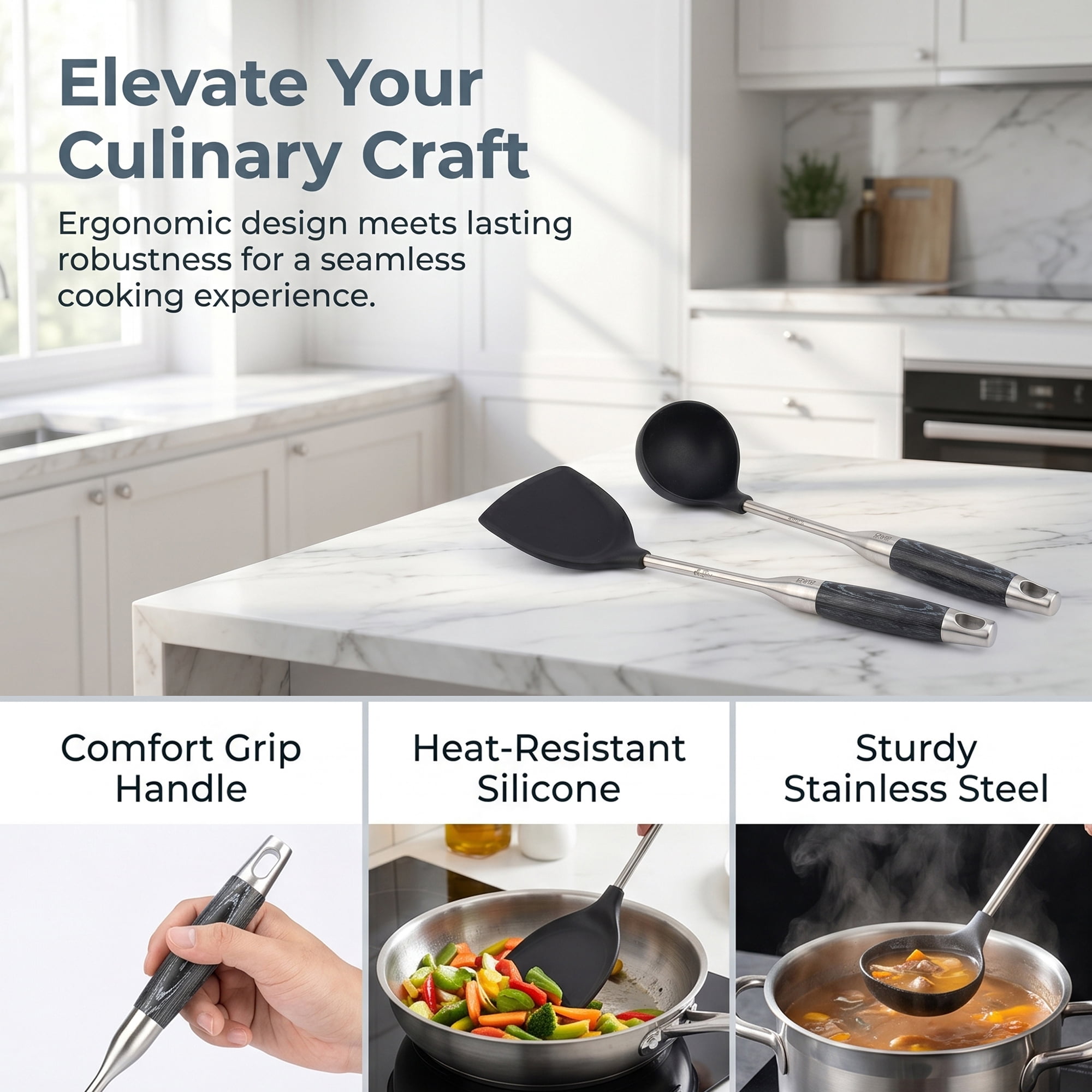 Unique Bargains Stainless Steel Two-tone Square Hole Kitchen Cooking Utensil Set Black-Silver A 2