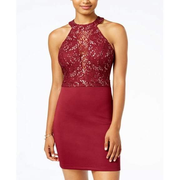 B Darlin Juniors Metallic Lace Bodycon Dress Winesilver 3-4