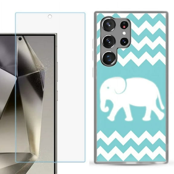 OneToughShield ® Compatible with Samsung Galaxy S24 Ultra, Shockproof Phone Case, with Tempered Glass Screen Protector - Chevron/Elephant
