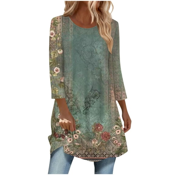 Fashion Fall Saving Womens Tops Casual Dressy Women's Fashion 3/4 Sleeve Blouse Crewneck Tshirt Long Top With Curved Bottom Reorder Items