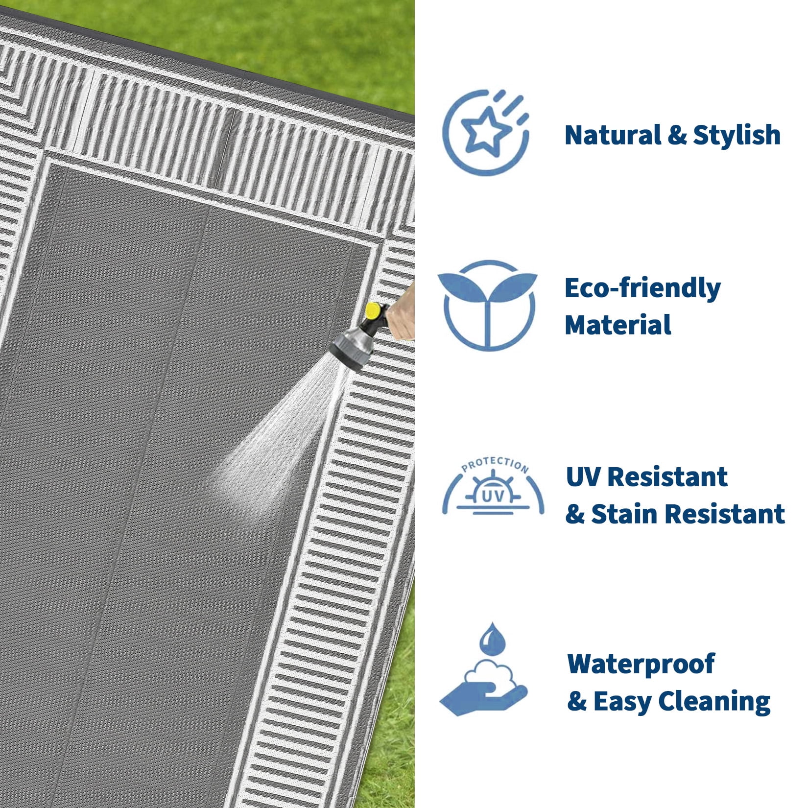 HIWEAVER 8' x 10' Gray/White Outdoor Rug PP Plastic Straw Woven Waterproof Patio Rug with Border Portable Outside Carpet for Balcony Deck Picnic Garden Decor