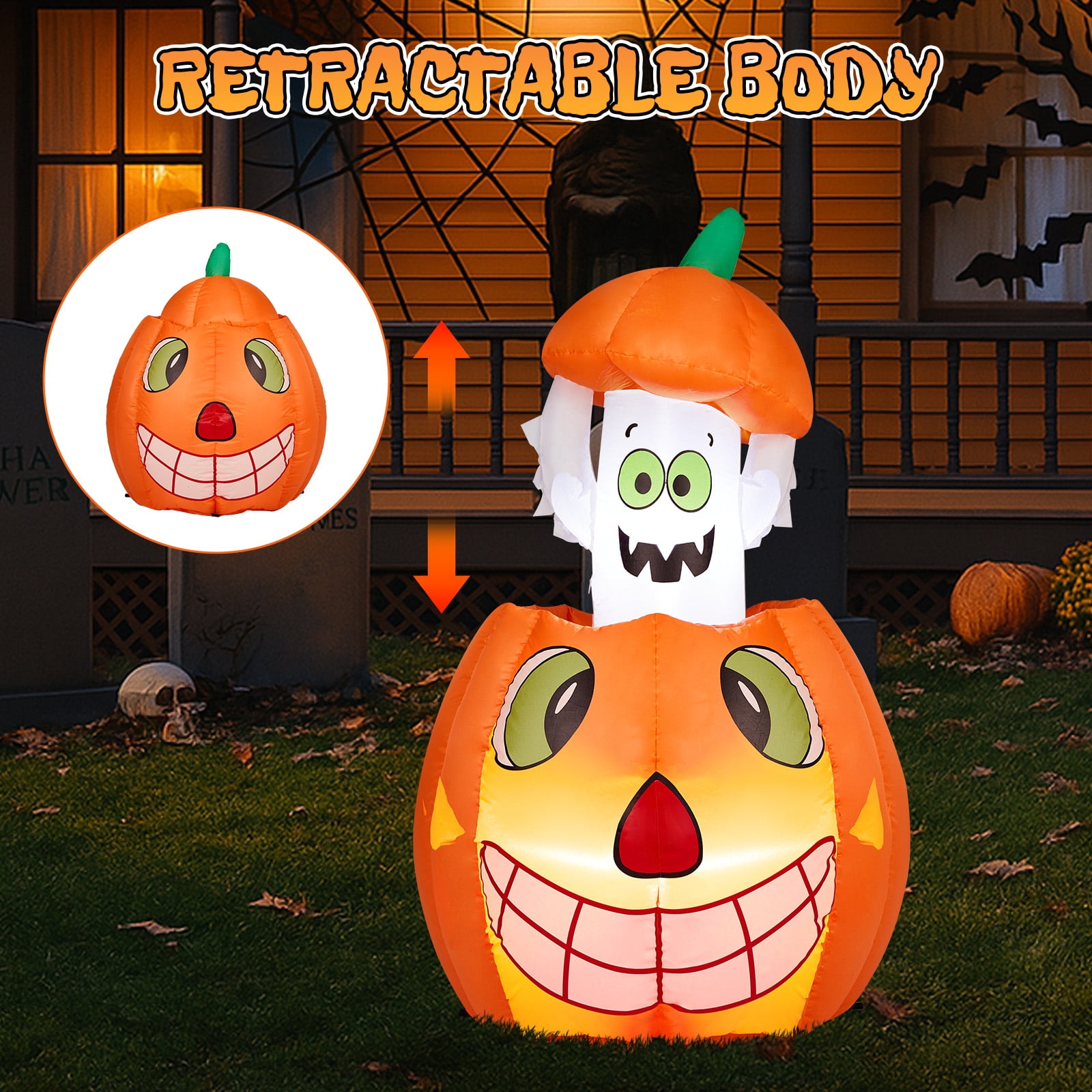 2.8 FT Halloween Inflatables Animated Pumpkin Ghost, Outdoor Decorations Blow Up Yard Decor with Built-in LEDs for Indoor Party Garden Lawn Decor