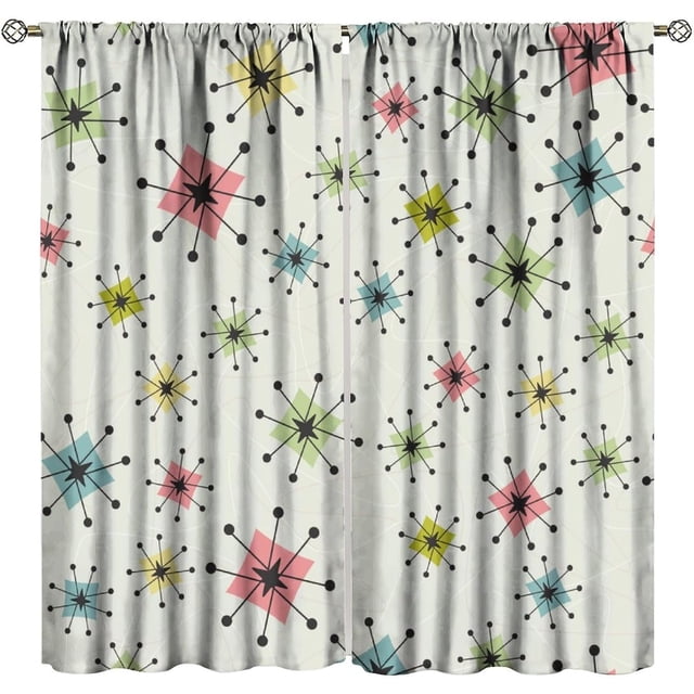 Mid Century Curtain, Iconic Atomic Starburst Century Mid 60s Retro Abstract Geometric Pattern Space Sputnik Classic Design Decorative Curtains for Bedroom Living Room 42" W X 54" L