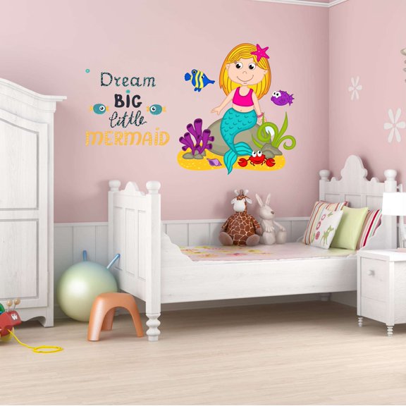 Dream Big Little Mermaid Colorful Fish Salt Water Princess Creatures Seahorse Queen Sweet Dreams Bedtime Unicorn Lovely Dear Dream Holiday Gift Decorating Wall Decal Sticker - Size: 30 In X 18 In