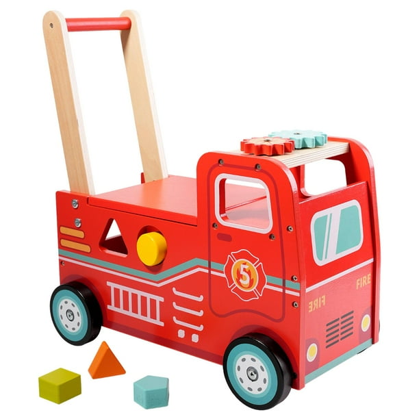 Carrito de madera para bebé, carrito de compras para sentarse y pararse con ruedas, cochecito de aprendizaje, juguete de empujar y tirar para bebés de