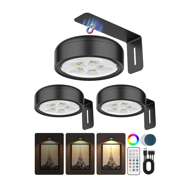 Luces para cuadros ERMTCTS inalámbricas recargables LED RGB, paquete de 3