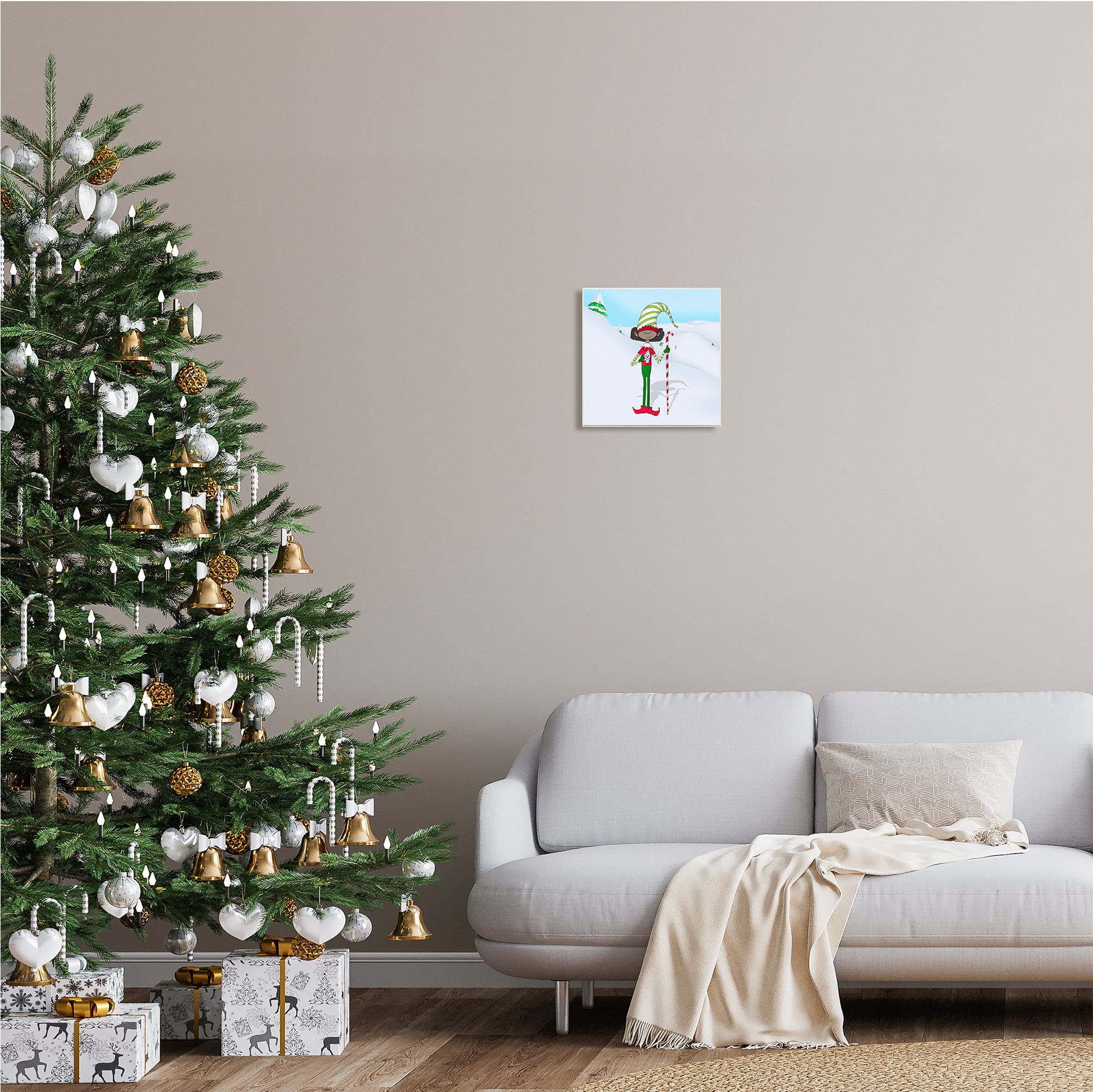 Stupell Indtries Holiday Elf with Hot Cocoa Snowy Winter Scene,12 x 12,Design by Hugo Edwins