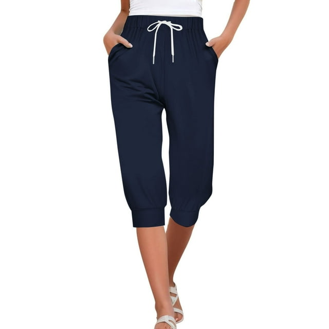 Lroveb Capri Pants for Women Drawstring Workout Summer Pants Sweatpants Capris Print Pants Bottom Joggers Shorts Casual Dark Blue